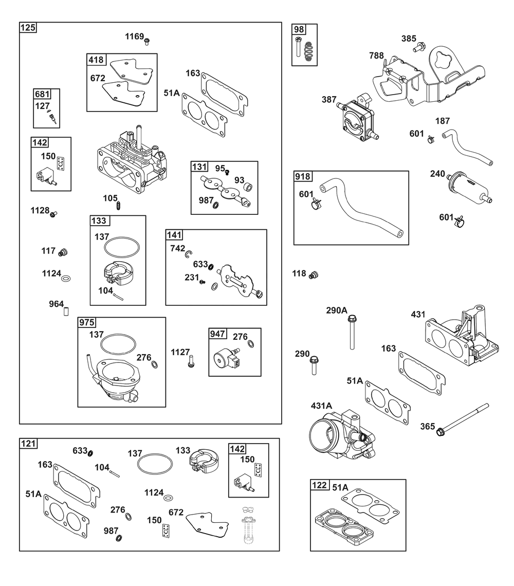Carburetor And Fuel Supply Group Diagram and Parts List for 541477-0135-J1 400000 - 699999 Briggs and Stratton Engine